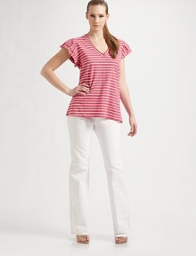 Sailor stripes highlight this soft stretch knit, finished with tiered flutter sleeves.U neckline Cap sleeves Pullover style About 29 from shoulder to hem 95% cotton/5% elastane Machine wash Imported