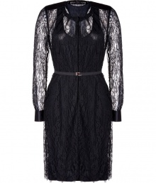 Inject dark glamour into your evening look with By Malene Birgers delicate lace dress - Rounded neckline, long sleeves, buttoned satin cuffs, epaulette detail, partial button-down front,  elasticized belted waistline, full racer-back lining - Tailored feminine fit - Team with flawless pumps and jet black accessories