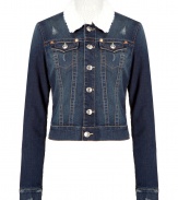 Stylish blue denim jacket - This fleece-lined distressed jean jacket is a must-have closet staple - Cool vintage style and slim, modern cut - Pair with skinny jeans, a pullover, and over-the-knee boots for daytime chic - Try with a color block mini-dress and wedges