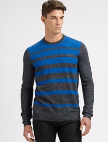 An artful approach to a simply stylish crewneck sweater, striped and woven in a fine blend of wool and linen.CrewneckRibbed knit collar, cuffs and hem38% wool/35% acrylic/15% linen/12% alpacaDry cleanImported