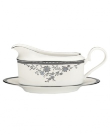 Pick the Hayden gravy boat and tray for pale blue florals and a lacy platinum border. Matching platinum bands add a traditional touch to glazed white for porcelain that shines in any setting. From Noritake's collection of serveware and serving dishes.