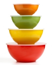 Mix, match, serve, stash. With plastic lids to help keep food fresh in the fridge, this colorful collection of melamine bowls is perfect for an endless array of kitchen tasks. Limited lifetime warranty.