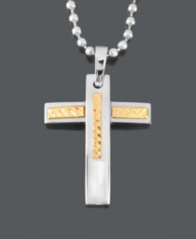 A bold and stylish way to symbolize your faith. Men's necklace features a stainless steel cross with a 14k gold inlay strung on a matching bead chain. Approximate length: 24 inches. Approximate drop width: 1 inch. Approximate drop length: 1-1/5 inches.