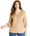 Button up your casual look with Jones New York Signature's long sleeve plus size top, showcasing a metallic finish.