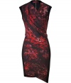 Detailed with a deeply tinted tonal red floral print, this characteristic cut dress is a cool modern take on the iconic Helmut Lang look - Draped cowl neckline, cap sleeves, gathered waist, black wool sides and trim, exposed metal back zip, asymmetrical hemline, stretch silk lining - Form-fitting - Team with statement pumps and a streamlined clutch, or try layering over leather leggings with matching high-heel ankle boots