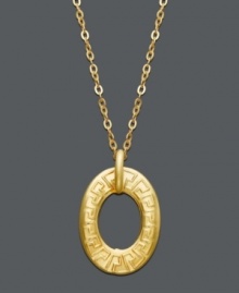 Feel like a goddess in this Greek-inspired design. Crafted in 14k gold, pendant features a cut-out, oval-shaped drop accented with an engraved key detail. Approximate length: 18 inches. Approximate drop: 1 inch.