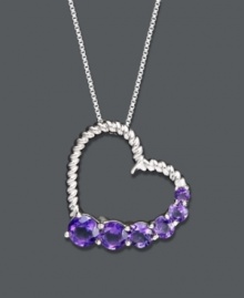 Give the gift of love to the girl with a February birthday. This elegant heart-shaped pendant features an intricate, textured design accented by bold, round-cut amethyst (1-1/5 ct. t.w.). Crafted in sterling silver. Approximate length: 18 inches. Approximate drop: 3/4 inch.