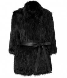 This fox fur coat is luxury at its most stylish - Incredibly soft and warm with a mid-length silhouette, flattering accent leather waist belt, decorative collar and 7/8-length arms - Upgrade to any outfit - Pair with slim pants and pumps or a cocktail dress