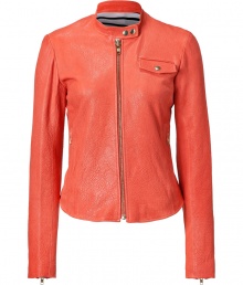 Luxe in leather with a delicious melon hue, Theorys textured jacket counts as a must for contemporary spring looks - Stand-up collar with snapped latch, front zip, long sleeves, zippered cuffs, zippered slash pockets, snapped chest pocket, longer front - Close, cropped fit - Wear over everything from tees and jeans to sheath dresses and heels