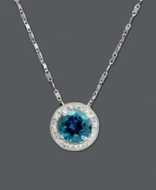 Like staring into a clear blue pool, this vibrant pendant will add a touch of color to your neckline. Necklace features a round-cut London blue topaz (1-5/8 ct. t.w.) and round-cut diamond (1/10 ct. t.w.). Set in 14k white gold. Approximate length: 18 inches. Approximate drop: 3/8 inch.