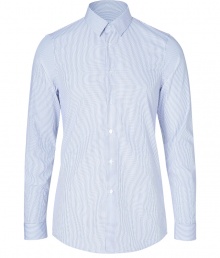 A timeless-modern style, Jil Sanders striped button-down is a characteristic chic take on the classic shirt - Classic collar, long sleeves, buttoned cuffs, button-down front, shirttail hemline - Slim fit - Wear tucked into tailored trousers with sleek leather lace-ups