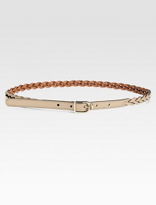 Luxe braided leather with a light gold spur buckle and engraved logo.About .6 wideMade in Italy 