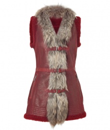 Luxurious shearling vest in red lambs leather and fur - Must-have boho piece for fall and winter - Features a slim, long design with decorative fur at collar and front, zippered pockets and buckles at front - Wear with leggings or skinny jeans and a favorite thin cashmere top underneath