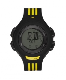 Yellow racing stripes match your energy level. Referee watch by adidas crafted of black polyurethane strap with yellow stripes and round plastic case. Positive display digital dial features day, date, time, alarm, timer and lap memory. Digital movement. Water resistant to 100 meters. Two-year limited warranty.