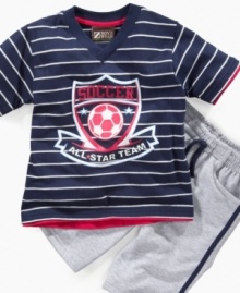 Put me in coach! He'll be ready to play in this adorable t-shirt and short set from Nannette.