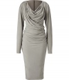 Luxurious dress made ​.​.of fine, light grey stretch viscose - Stunningly cut close to the body, with a feminine waterfall neck d?collet? and long sleeves - Glamorous draping - The skirt has a typical pencil cut, tight, about knee length - Sophisticated and sexy, fashionable and elegant, a dream of a  dress for exciting evening events - Wear with booties, pumps, gladiator sandals