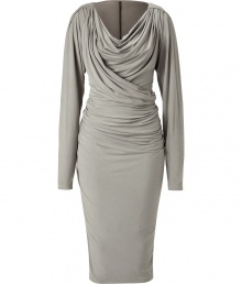 Luxurious dress made ​.​.of fine, light grey stretch viscose - Stunningly cut close to the body, with a feminine waterfall neck d?collet? and long sleeves - Glamorous draping - The skirt has a typical pencil cut, tight, about knee length - Sophisticated and sexy, fashionable and elegant, a dream of a  dress for exciting evening events - Wear with booties, pumps, gladiator sandals