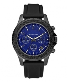 A sport watch with edgy sparkle, by Michael Kors. Black silicone strap and round black ion-plated stainless steel case. Bezel crystallized with jet black Swarovski elements. Glossy blue opaline dial features numerals and stick indices, crystal accents at markers, date window, three subdials, luminous hands and logo. Quartz movement. Water resistant to 100 meters. Two-year limited warranty.