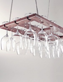 Light-reflecting stems hover like a cluster of stars in a space-saving rack crafted from finished oak suspended by nickel chains. 18-glass capacity Mounting hardware not included 13W X ¾H X 25D; 12 chains Imported 