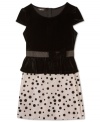 Lovely accented bow at waist dress by BCX with velvety top and dotted bottom.