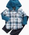 Kick his casual style up a notch with this cool hooded plaid shirt and pant set from Kids Headquarters.