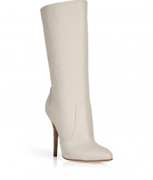 Make a bold statement in these attention-grabbing boots from Guiseppe Zanotti - Pointed toe, stacked wood stiletto heel, calf-length, pull-on style - Pair with a pencil skirt, a tie-neck blouse, fishnets, and a bold-shoulder blazer