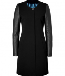 Elegant coat plays with texture for a sleek, modern look - Designed in synthetic fiber with lambskin sleeves - Features round neck, hidden button placket, side pockets and half-belt at back - Pair with elegant dresses and heels or slim jeans and ankle boots