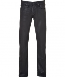 With the look of leather and classic five-pocket styling, True Religions coated black slim jeans lend a cool urbane edge to any outfit - Classic five-pocket style, button fly, button closure, belt loops - Straight leg, slim fit - Pair with a tee and a blazer or a cashmere sweater