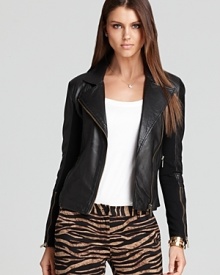 Infuse your daily look with urban attitude in this motorcycle-style MICHAEL Michael Kors leather jacket, finished with knit sides for a contemporary mixed-media twist.