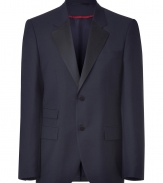 Luxurious tuxedo jacket from NYC favorite designer, Marc Jacobs, is a mix of sophisticated and modern style - Made of a highest quality dark-blue merino-wool blend - Features a fashionable slim cut, narrow waist, moderately deep lapels, a two-button front and flap pockets - Perfect choice for parties or fine events like a gala or a wedding - Pair with matching pants for a polished look, or with jeans for a chic look at a creative event