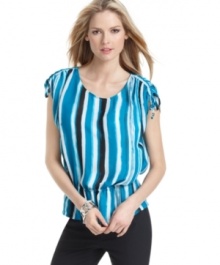 The bright blue stripes of this blouson-style MICHAEL Michael Kors petite top will be a breath of fresh air for your wardrobe as you transition into spring!