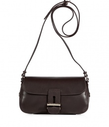 Sleek and sophisticated, Vanessa Brunos ultra smooth mocha leather shoulder bag is a cool choice for contemporary daytime looks - Flap with logo engraved turn-lock closure, belted shoulder strap, front slit pocket under flap, 4 inside front wall credit card slots, printed fabric lining - Wear with feminine dresses and flats, or favorite skinnies and chunky modern knits