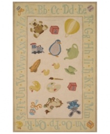 Stir the imagination with this adorable, whimsical rug from Momeni's Lil Mo Classic collection. In a throwback to old-fashion nursery styling, the pale yellow rug features an assortment of childhood images like a hot air balloon, teddy bear and rocking horse--exciting sights for any little one. An alphabet-themed border offers a head start on learning!  Hand-hooked of pure cotton, Lil Mo Classics feature a cut-loop construction that gives the printed motifs a raised effect and tons of texture.