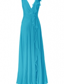 With a cascading drape and a dramatic floor-sweeping length, this Jenny Packham gown will add instant glamour to your black tie look - V-neck with asymmetrical ruffles, sleeveless, fitted bodice with front and back draped detail, full skirt, concealed back zip closure - Style with metallic platform sandals and a statement clutch