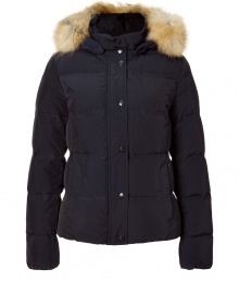 Withstand the cold, while remaining stylish, in this high quality quilted down jacket from outdoor outerwear experts Woolrich - Stand collar, raccoon fur-lined hood, snap front placket with concealed zip closure, long sleeves, zip pockets, quilted, snow and water resistant, slim fit - Perfect for a ski vacation or a chic winter-ready look