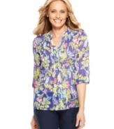 This sheer floral blouse from Charter Club is a breezy addition to your spring wardrobe. Layer it with a cami and trousers for a stylish look that stays cheerful!