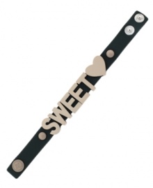 Everyone knows you're a sweetheart. Wear it well in BCBGeneration's chic black leather bracelet with cream-plated mixed metal letters and snaps. Approximate length: 8-1/2 inches.