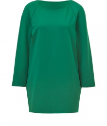 Quietly elegant and preppy-polished, Jil Sanders bright green mini-dress ups the ante on minimalist chic - Straight, slightly boxy silhouette tapers slightly through hips - Flattering round neck and 3/4 raglan-style sleeves - Longer cut hits mid thigh, hem hangs longer in the back - Pair with pencil skirts, cigarette pants or slim-cut trousers