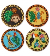 Animal attraction. This four-piece ceramic coaster set from Betsey Johnson will make you eager to set down your drink. Each coaster is leopard trimmed for a bit of wild style. Items come packaged in a signature Betsey Johnson Gift Box. Approximate diameter: 3-1/2 inches.