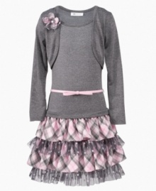 Cute cardi! A ruffle skirt makes this cardigan dress from Bonnie Jean a dainty way to style her day.