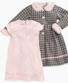 Adorable and lovely is this matching coat and dress set from Blueberi Blvd. She'll enjoy this sweet style dress with its cute bow at front and embroidery detail at bottom.  The accompanying contrast polka dot patterned coat with faux fur trim complements the overall classic style.