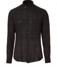 Bring downtown-approved style to your casual ensemble with this plaid button down from Neil Barrett - Button down collar, front button placket, two flap chest pockets, slim fit, curved hem, all-over plaid print - Pair with straight leg jeans, a blazer, and suede ankle boots