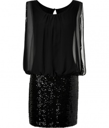 Shimmer into cocktail-hour elegance in Steffen Schrauts glamorous sequined stretch sheath - Scooped neckline, buttoned key-hole cut-out at nape, sleeveless, layered transparent tunic top, sequined trim - Form-fitting skirt - Perfect for parties and events with platform ankle boots or peep toes