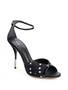 THE LOOKPeep toeAnkle strap with buckle closurePleated fabric detailMetal-tipped heelTHE FITHeel 4 (100mm)THE MATERIALPatent leather & fabric upperMetal heelLeather lining and soleORIGINMade in Italy