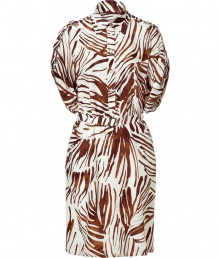 This luxe silk Salvatore Ferragamo dress conjures the spirit of the safari with modern detailing and a feisty print - Spread collar, front button half placket, D-ring detailed epaulets, detachable waist belt with logo buckle, all-over zebra print with logo, relaxed silhouette - Wear with neutral-hued heels, a slim trench, and a statement clutch