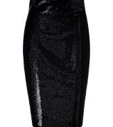 Luxe skirt in fine, pure black silk - A sexy, sumptuous knockout from LWren Scott - Glam, all-over mesh embroidery - Classic, curve-hugging pencil cut accentuates a slim silhouette - Flattering high waist and elongating paillette trim - Kick pleat and rear zip - A sophisticated stunner ideal for work, parties and cocktails - Pair with a blouse and blazer by day, and a silk top and cropped leather jacket at night