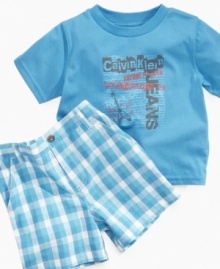 He's in the band! Establish his rock-star status early with this fun graphic t-shirt and plaid short set from Calvin Klein Jeans.