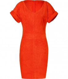 Ultra-luxe orange suede Shiloh dress from Ralph Lauren Collection - A figure-conscious dress in lavish orange suede amps up your day or nighttime look - Slim silhouette, oversized rolled short sleeves, flattering V-neck, hidden back zip closure- Style with nude fishnets and neutral platform shoes