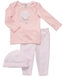 Put on your dancing shoes and take her for a twirl in this super sweet 3-piece dancing bear shirt, striped pants and hat set from Carter's.