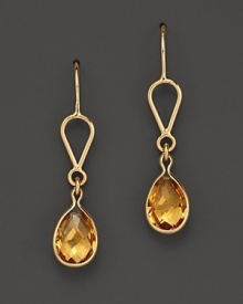 Bezeled citrine teardrops, framed in 14K yellow gold.